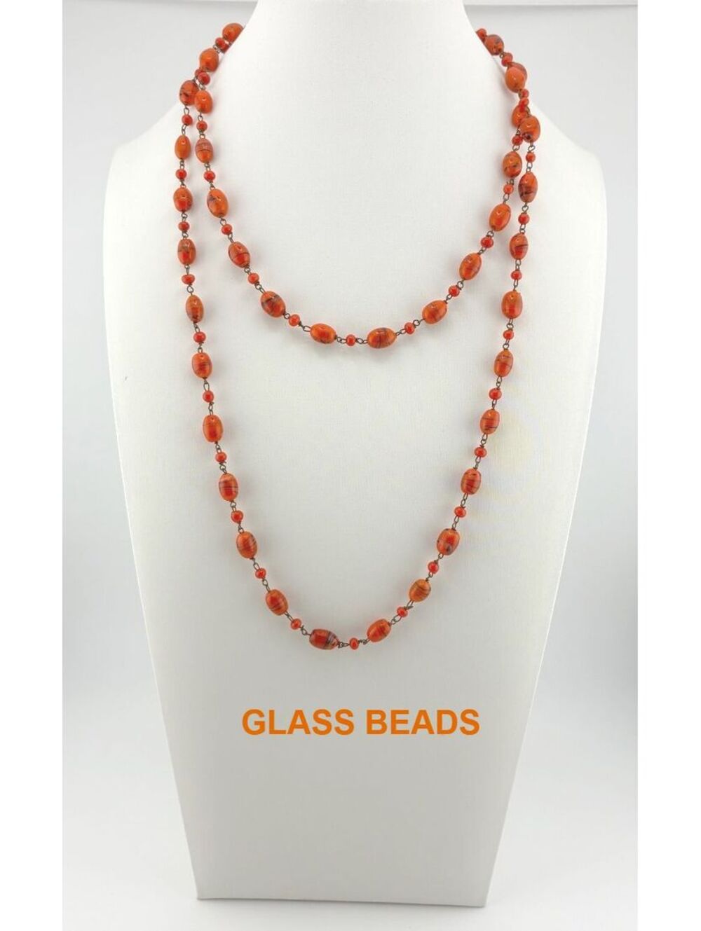 Vintage Long 39" Orange Glass Bead Necklace with Metal Links
